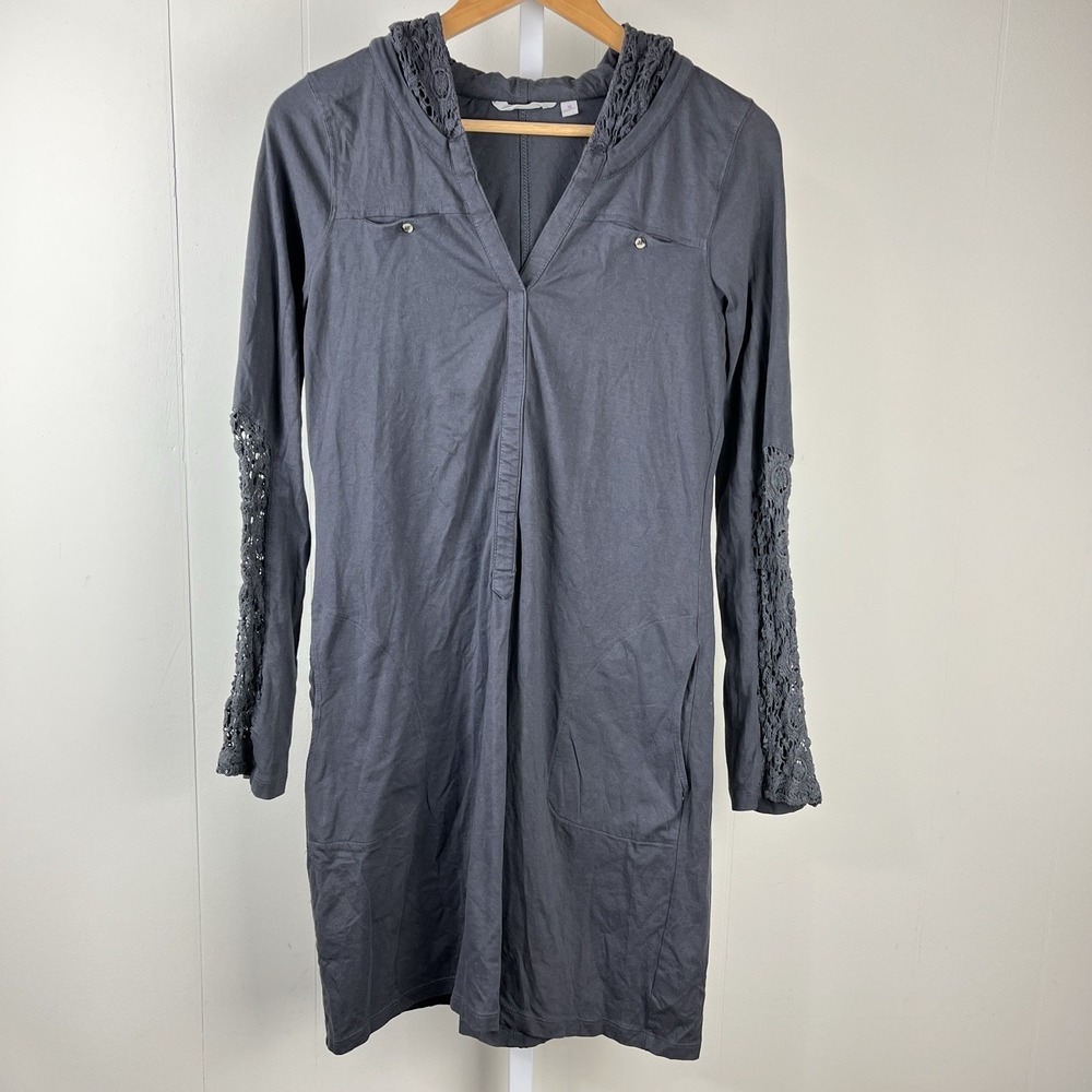 Athleta Carried Away Crochet Hooded Dress Womens‎ Medium Gray Long Sleeve